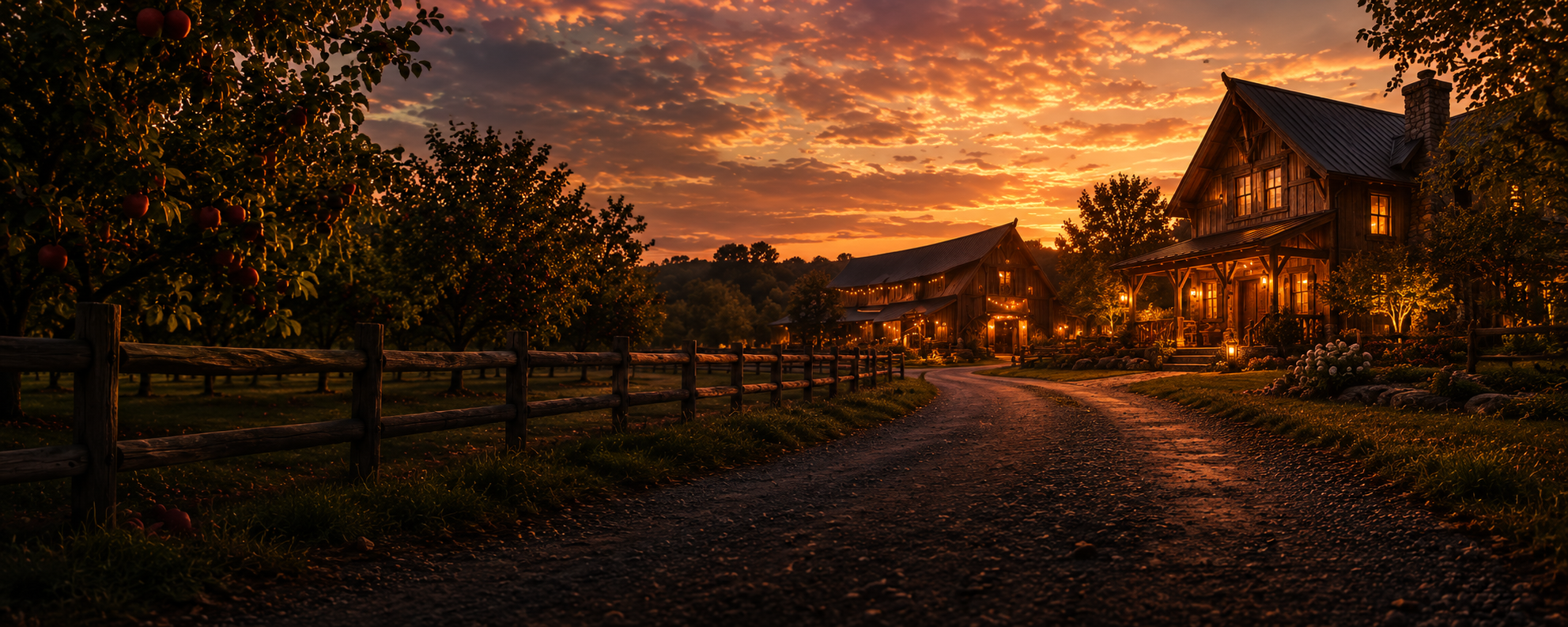 A warmly lit farmhouse at dusk