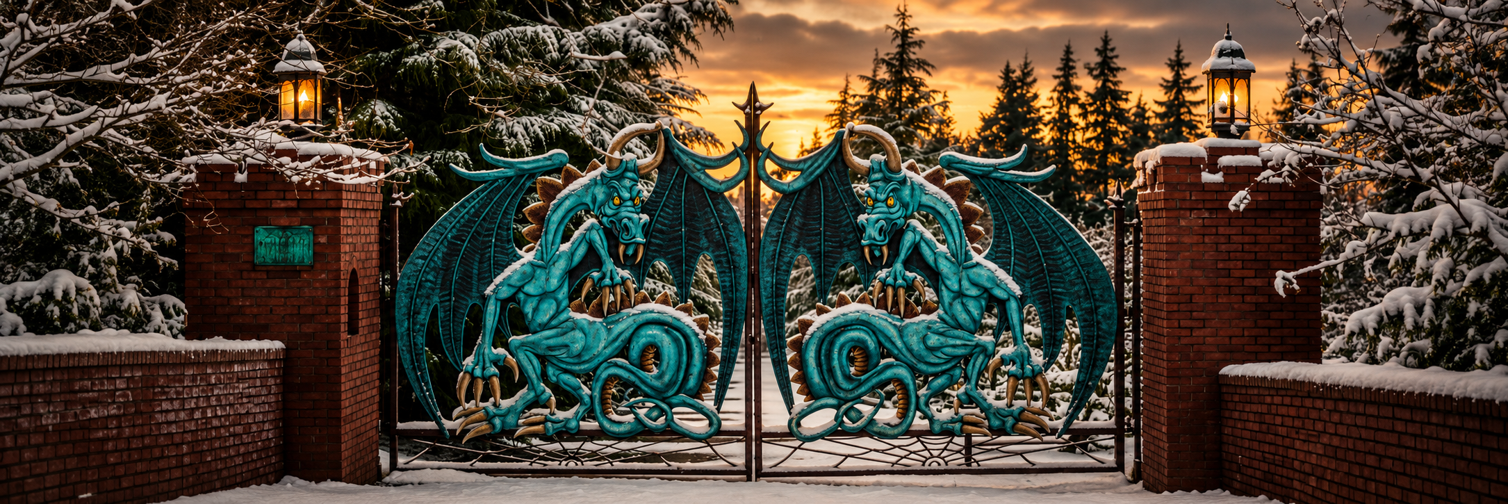 Twin dragon gates at a lantern-lit winter entrance