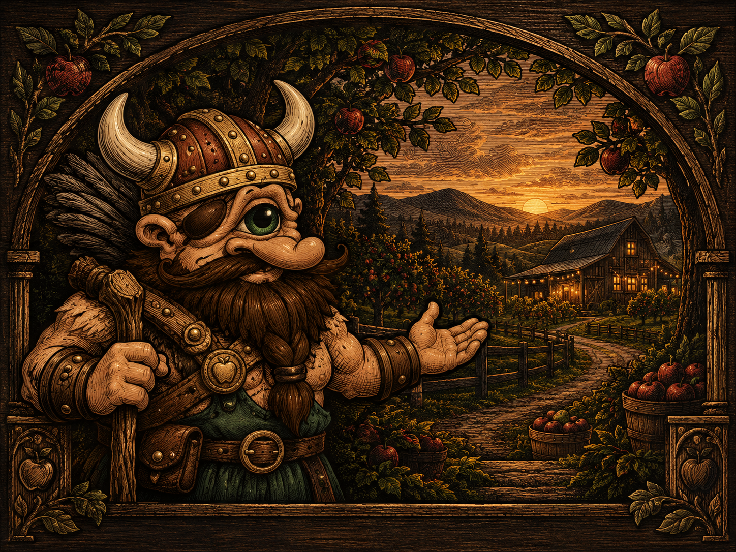 Woodcut-style portrait of the farm’s Viking guide