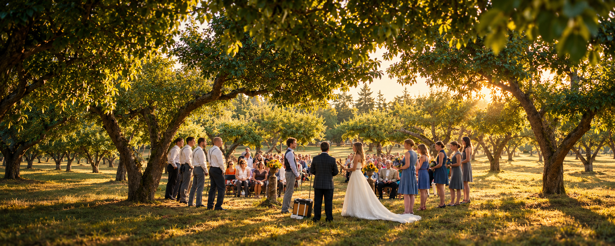 A wedding ceremony beneath a sunlit orchard canopy